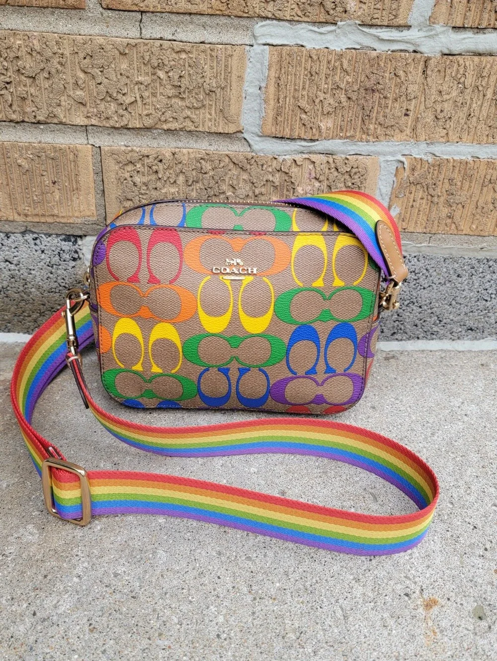 Coach Khaki Rainbow Signature Mini Camera Crossbody C4227